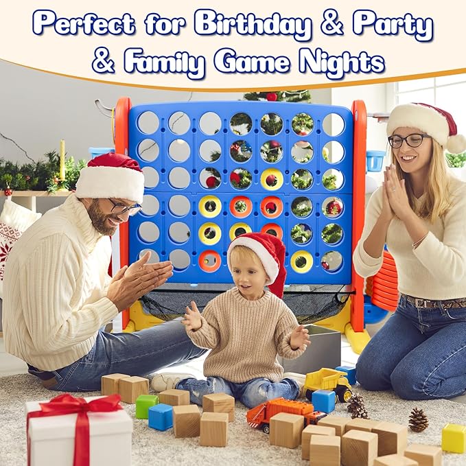 Ancaixin Giant 4 in-A-Row Connect Game Set, Adjustable Height Jumbo Yard Game with Basketball Hoop, Golf, Mesh Pocket & Ring Toss, Indoor Outdoor Family Backyard Party Game for Kids and Adults, Blue