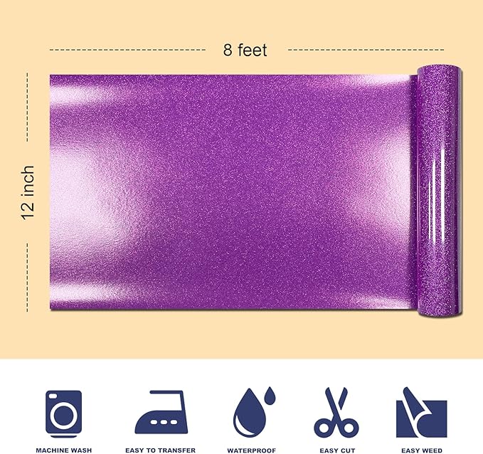 Dark Purple Glitter HTV Heat Transfer Vinyl, 12" x 8ft lron on Vinyl, for T-Shirt Ironing, Vinyl HTV Easy to Cut and Weed, The Best Choice for DIY Creativity. (Dark Purple, 12" x 8ft)