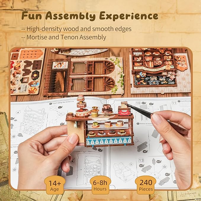 3D Wood Puzzle Bear Bakery LED Dollhouse Book Nook Kit - Miniature Bookshelf Insert DIY Home Decor Gift for Kids and Adults (Bear Bakery)