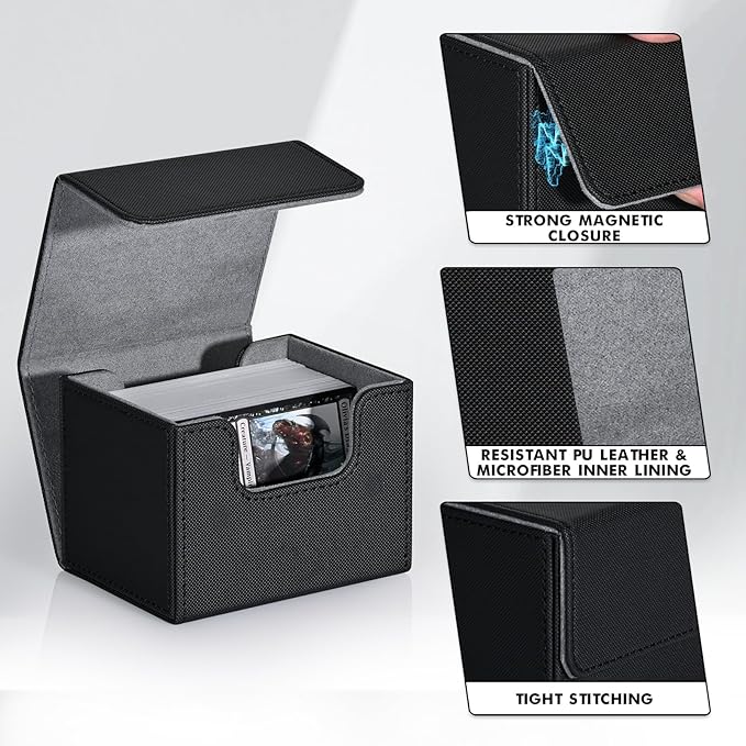 ZLCA Card Deck Box for Trading Cards, MTG Commander Deck Box Holds 120+ Single Sleeved Cards, Leather Magnetic Card Storage Box Fits for TCG CCG Magic Cards (Black)