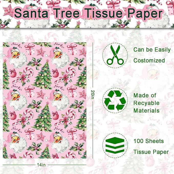 100 Sheets Pink Santa Tissue Paper, Santa Claus Xmas Tree Berries Bell Patterns Decorative Art Paper for Winter Home Party DIY Crafts Christmas Party Supplies, 13.8 x 19.7 Inch