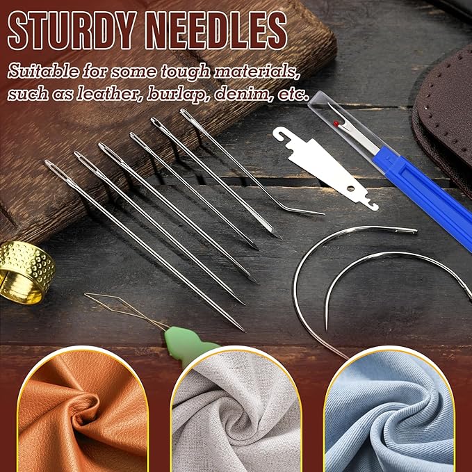 Repair Sewing Kit, Upholstery Needle and Thread Kit with 32 Yard Waxed Thread and 8 Pcs Heavy Duty Leather Needles for Hand Stitching, Canvas & Quilting - 0.55mm Round Waxed Brown