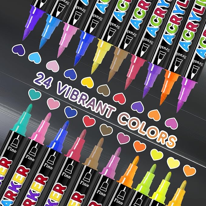 24 Colors Dual Tip Acrylic Paint Markers, Premium Acrylic Paint Pens for Halloween Decorations, Pumpkin Painting Kit, Rock Painting, Canvas, Stone, Wood, Glass, DIY Crafts & Art Supplies
