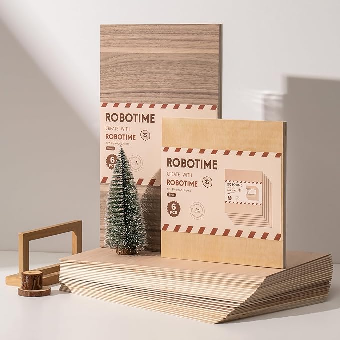 ROBOTIME 3mm Plywood for Laser Cutting, 6 Pcs Bubinga 1/8 Plywood Sheets, Crafting Wood for DIY Projects, Thin Bubinga Wood Sheets Laser Engraving Material, 12" x12“