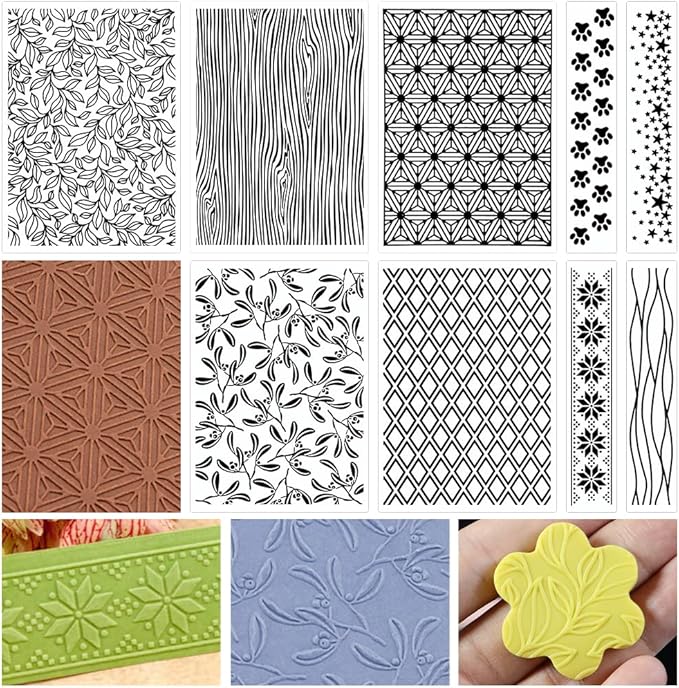 Embossing Folders Clay Stamps for Polymer Clay Earrings Making Embossing Tool Geometric Textured Flower Pottery Stamps Polymer Clay Roller Clay Texture Sheets (9PCS)