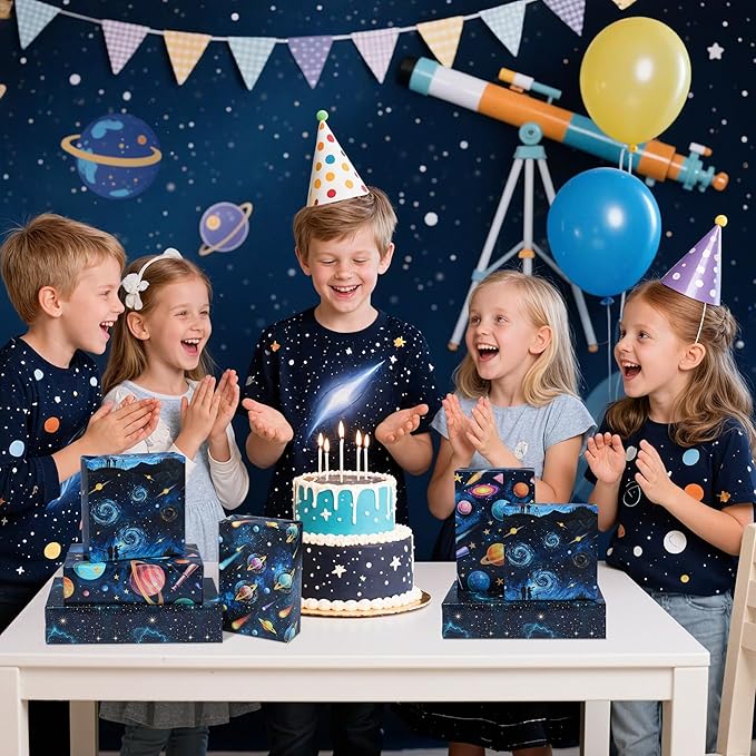 Pineraap 12 Sheets Galaxy Telescope Wrapping Paper, Starry Sky Gift Wrap Folded Flat Blue Space Craft Paper for Astronomy Lovers Birthday Party Baby Shower Present Packing, 19.7 x 27.6 Inch