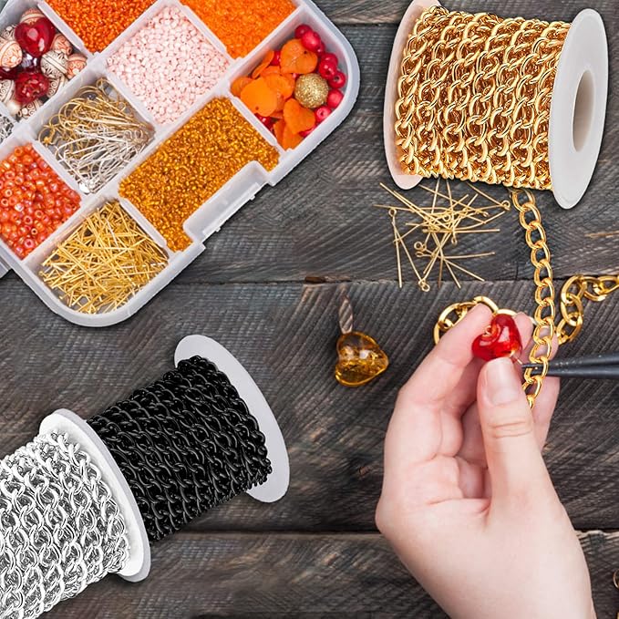 Jishi 16ft Aluminium Curb Chain Roll, Thick Twisted Chain Links, Gold Plated Metal Craft Chain Curb Link Chain Spool for Jewelry Making Necklace Bracelet DIY Crafts, Jewelry Making Findings Supplies