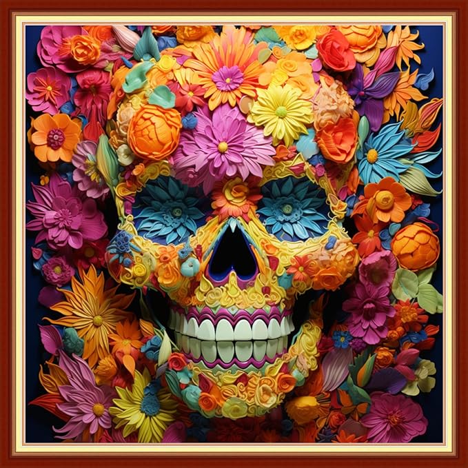 Foxhool Beginners Cross Stitch Kits Stamped Full Range of Embroidery Kits for Adults DIY Cross Stitches kit Embroidery Patterns for Needlepoint kit-Colorful Skull 18x18 inch