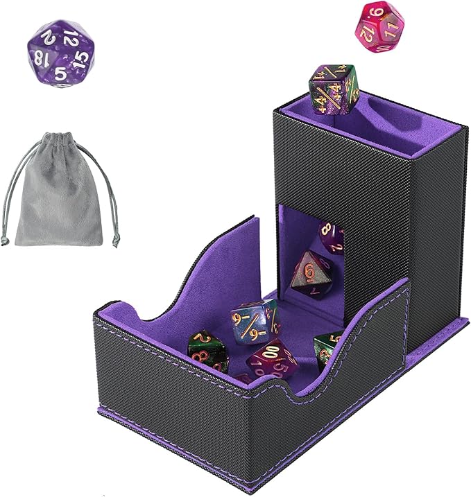 Dice Roller Tower, Premium DND Magnetic Dice Tray, Foldable PU Leather Dice Tower RPG Gifts for Dungeons and Dragons MTG Dm & Player Black/Violet