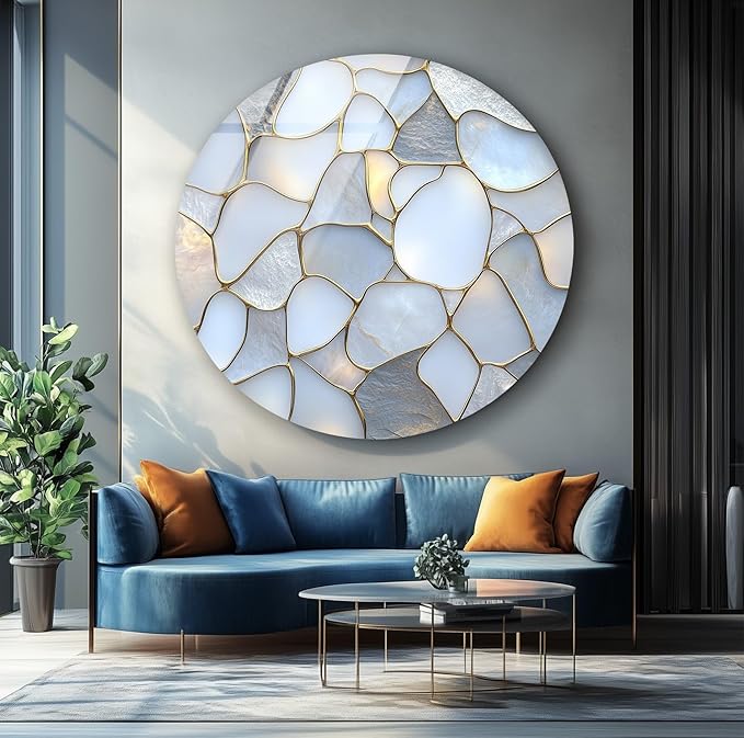 My Photostation.com 24''(60cm) Diameter White Stone Mosaic Round Glass Wall Art Tempered Glass Printing Wall Decor Large Wall Art Wall Hangings