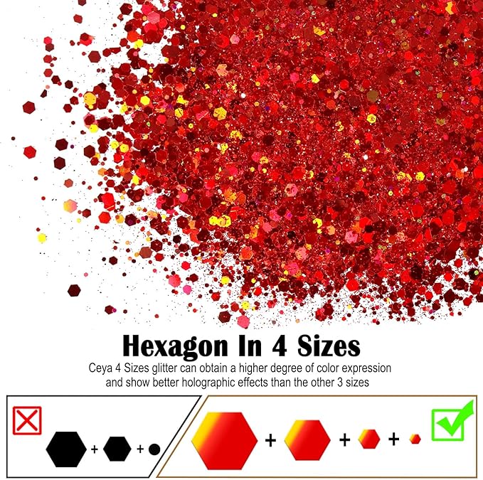 Ceya Holographic Chunky Glitter, 1 LB/ 16OZ Laser Red Bulk Craft Glitter Mixed Chunky Fine Glitter Bottled Metallic Flake Nail Sequins for Resin, Tumblers, Scrapbooking, Festival Decor, Art Project