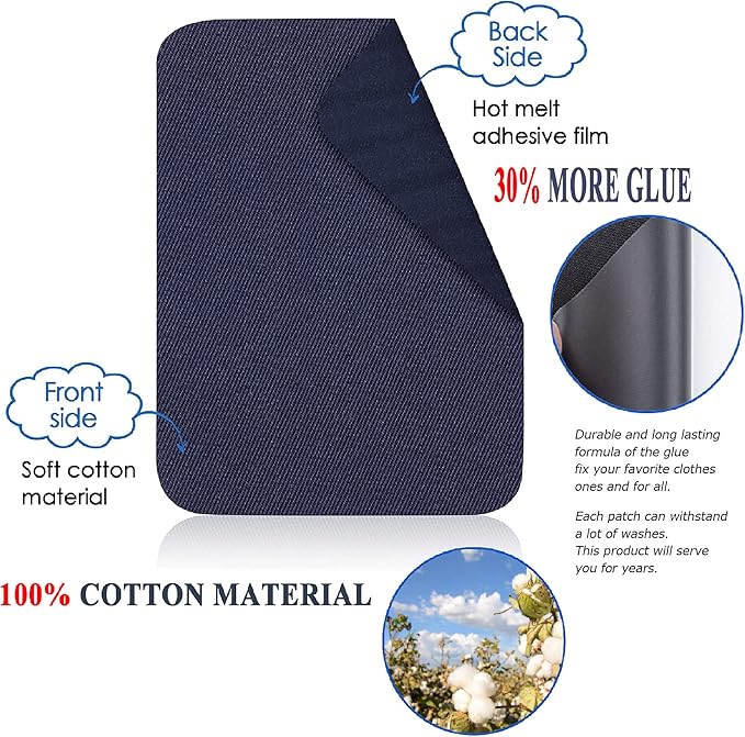 12PCS Fabric Iron on Patches Inside & Outside Strong Glue 100% Cotton Repair Patch for Clothes Pants Mending and Decorating, White