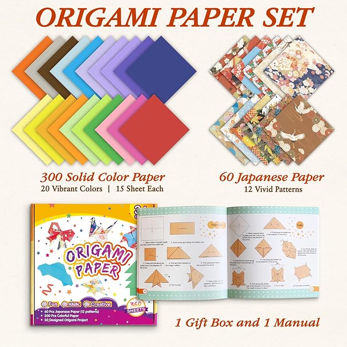 Pigipigi Kids Craft Origami Paper Kit for Kids Ages 5-8 8-12, with Guiding Book, 360 Sheets DIY Art and Crafts Supplies,Colorful Folding Papers Set Projects Gifts Activity for Boy Girl Toys(Japanese)