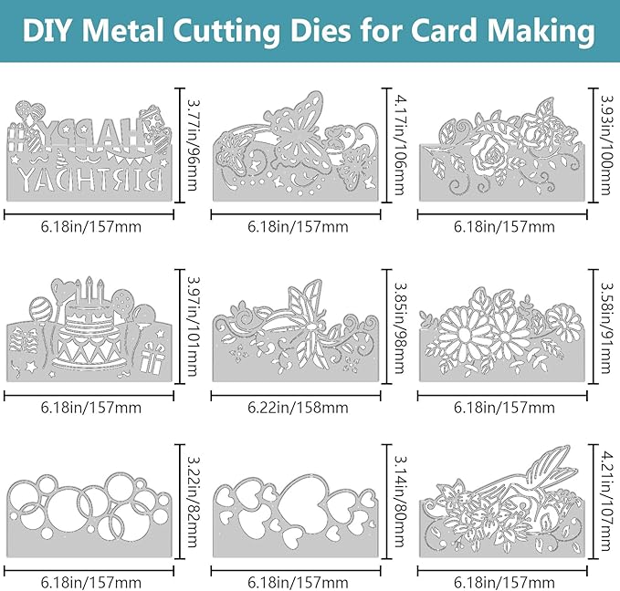 9PCS Die Cuts for Card Making Metal Cutting Dies Flower Butterfly Dragonfly Bird Bubbles Love Heart Happy Birthday Cake Cutting Embossing Stencil Template DIY Paper Cards Album Decoration