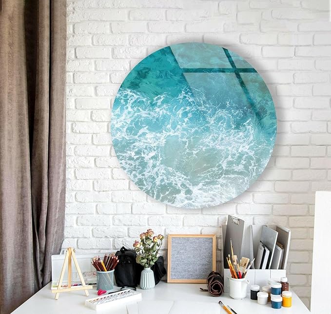 My Photostation.com 27.5''(70cm) Diameter Sea Waves Round Glass Wall Art Tempered Glass Printing Wall Decor Large Wall Art Wall Hangings