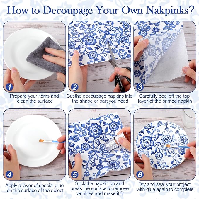 Epakh 36 Pack 6 Style Blue and White Decoupage Paper Napkins Assorted Floral Chinoiserie Decorative Cocktail Napkin Paper for DIY Crafts Fall Christmas Wedding Party Decor, Each Unfolded 13''