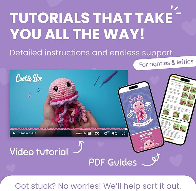 Cookie Box Crochet Kit for Beginners – Gift Set to Make Jellyfish Jenny Amigurumi Plushie – Easy DIY Crochet & Knitting Starter Kit with Video and PDF Tutorials