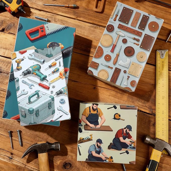Pineraap 12 Sheets Carpenter Wrapping Paper, Woodworking Tools & Craftsman Printed Gift Wrap Decorative Craft Paper for DIY Projects, Birthdays, Father's Day, or Handyman Celebrations, 20 x 28 inch