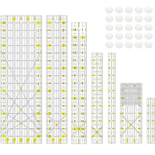 Quilting Ruler, Sewing Ruler, 8 Pack, Acrylic Quilting Templates(6"x17", 3"x17", 2"x16", 1.5"x12", 1"x12", 1"x6", 8"x3"), Non Slip Rings 25 Pieces, Sewing and Quilting Supplies - Clear/Yellow