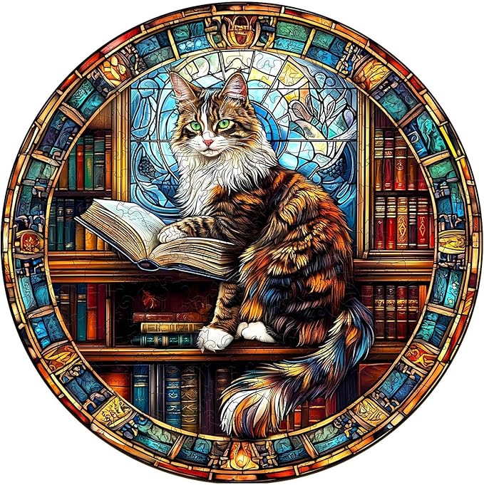 Wooden Puzzles Adults, Maine Cat Library Wooden Puzzles 300 Pieces, Unique Animal Shaped Wood Challenging Jigsaw Puzzles Gifts for Adults, 13.4x13.4in