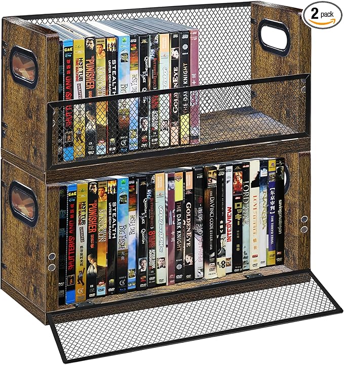 DVD Storage Shelve Blu ray Holder, Set of 2 DVD Racks Hold Up To 56 DVDs (28 Each), Stackable DVD Tower also Used for CDs, Video Game Cases, Vhs Taps, Desktop organizer at Home Or Office