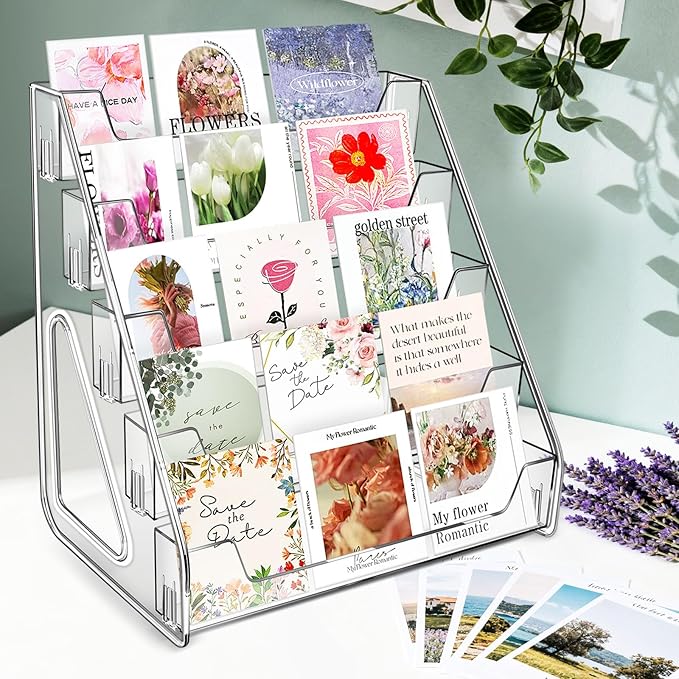Tall 5-Tier Acrylic Card Display Stand for Greeting Cards, Sports Cards, Postcards, Stickers & Brochures, Easy Snap-On Sticker Display Rack