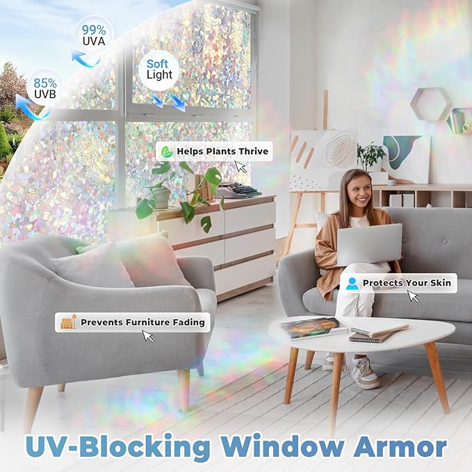 DOWELL Window Privacy Film Rainbow Film, Stained Glass Decorative Sticker, Static Cling Non-Adhesive Glass Clings, Sun Blocking Heat Control Window Coverings for Home Door, 17.5" x 157.4"
