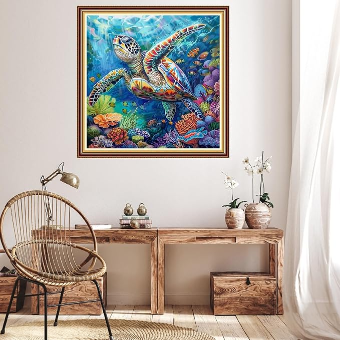Hopeart Stamped Cross Stitch Kits for Beginner Embroidery Kits for Beginners Adults DIY 11CT Cross Stitch Patterns Needlepoint Kits Crossstitching Kits-Colorful Sea Turtle 18x18 inch