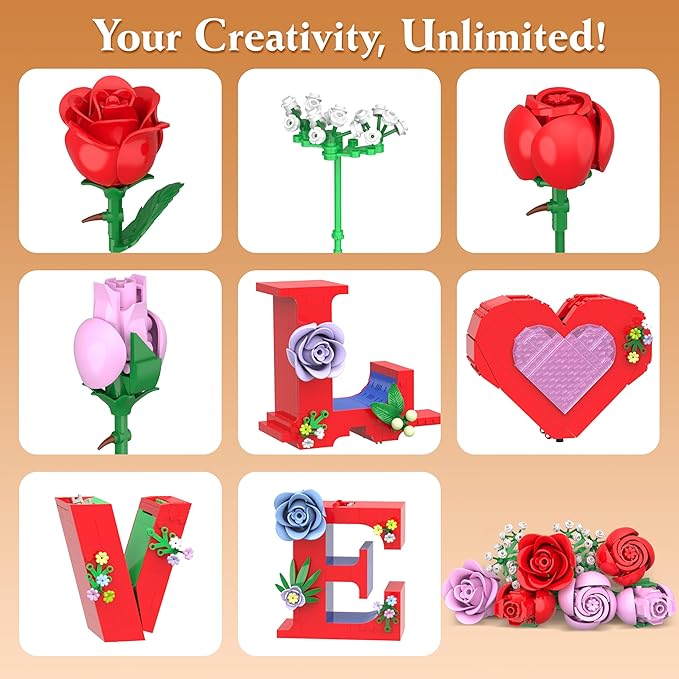 Romantic Love Heart Vase Building Set - 1216 Pcs Rose Flower Bouquet Building Kit for Adults - Creative Anniversaries Gifts for Women & Men, Unique Valentine’s Day Gifts for Her Him