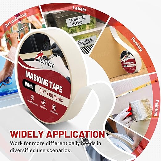 RED WOLF 0.94" x 60 Yards Masking Tape 3 Pack, General Purpose for Painting Arts Crafts Label Car Painting, Sharp Paint Line No Residue Painters Tape White Beige Crepe Paper Tape Heat Resistance