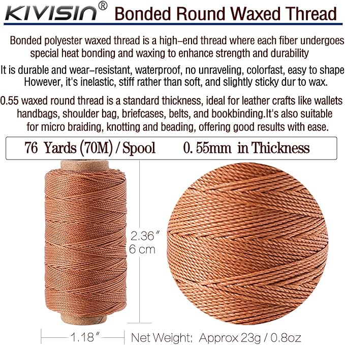 Round Polyester Waxed Thread 0.55mm, 12 Neutral Colors 76 Yards/Spool Wax Coated String Thin Cord for Leather Upholstery Sewing, Stitching, Bookbinding, Beading, Micro Knotting and Braiding