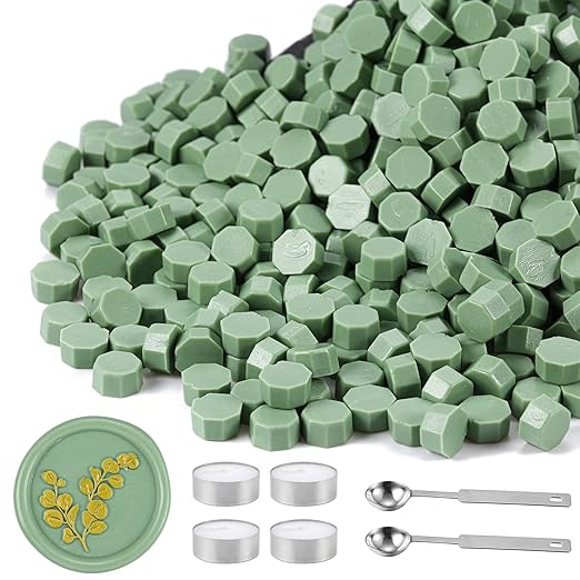 Yoption 360Pcs Sage Green Sealing Wax Beads, Sealing Wax Kit for Wax Seal Stamp, Hexagon Wax Seal Beads with 4Pcs Tea Candles and 2 Wax Seal Spoon