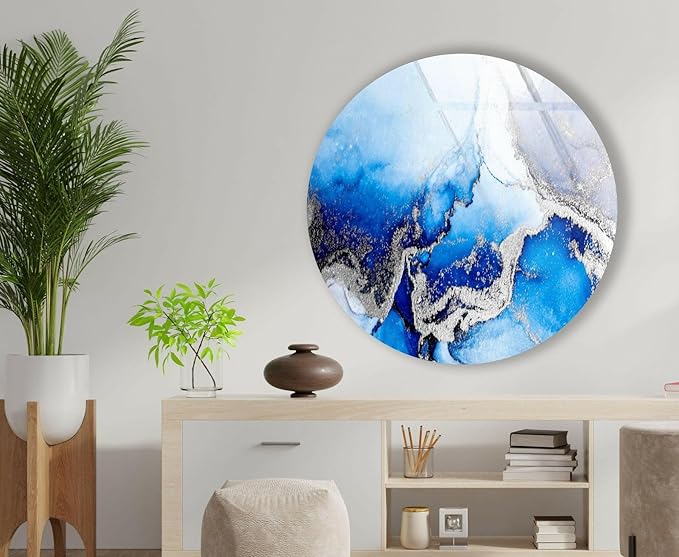My Photostation.com 20''(50cm) Diameter Blue Marble Round with Silver Details Glass Wall Art Tempered Glass Printing Wall Decor Large Wall Art Wall Hangings