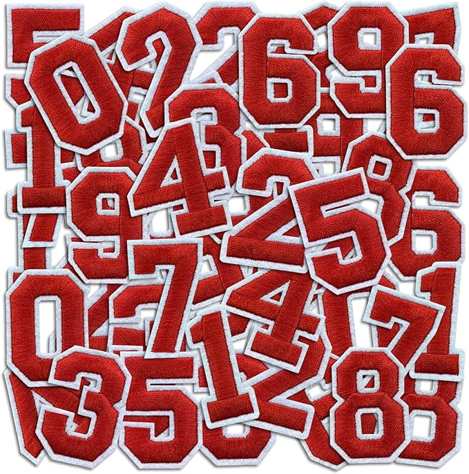 Number Iron On Patches, Numbers 0-9 Embroidery Applique Patch, DIY Decorative Heat Press Patches for Clothing Jeans Jackets Backpacks Hats (Red 50 Pcs)