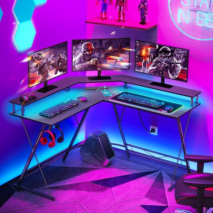 SEVEN WARRIOR L Shaped Gaming Desk with LED Lights & Power Outlets, 50.4” Computer Desk with Monitor Stand, Corner Desk with Carbon Fiber Surface, Gaming Table with Hooks, Black