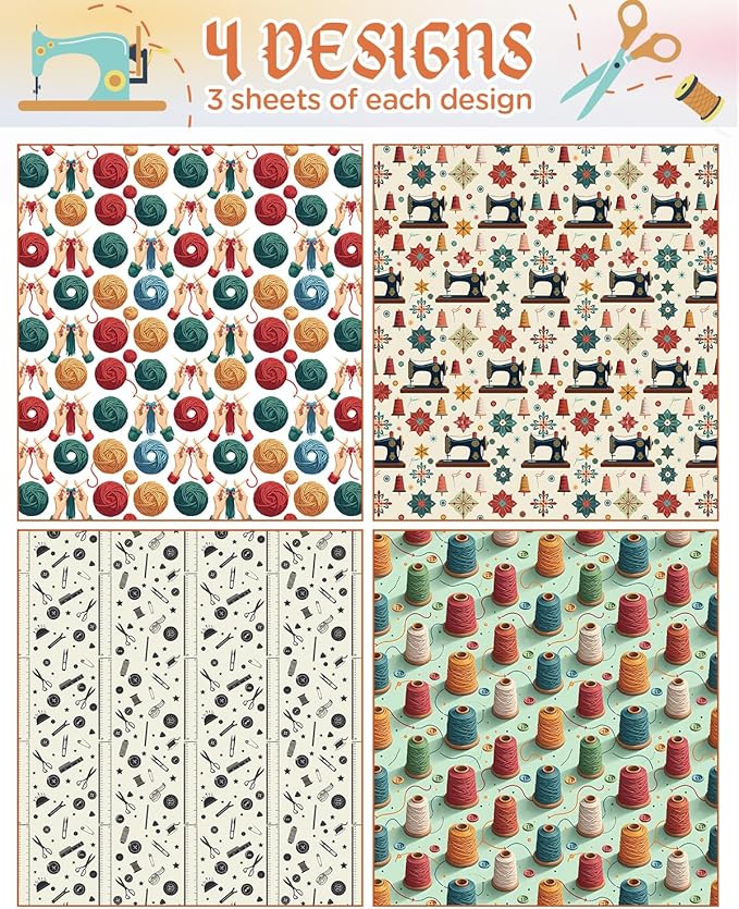 Pineraap 12 Sheets Sewing Theme Wrapping Paper, Vintage Sewing Machine, Button, Yarn Printed Gift Wrap Folded Flat Craft Paper for Sewing Lovers, Seamstress, Women, Mom, Grandma, 19.7 x 27.6 Inch