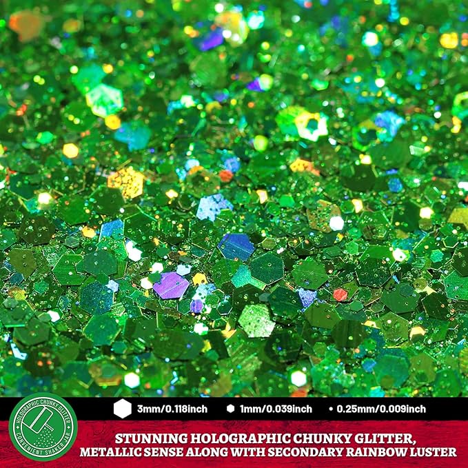 LEOBRO Green Glitter, 160g/5.64oz Holographic Chunky Glitter for Crafts, Resin, Nail Body, Tumblers, Party Decorations