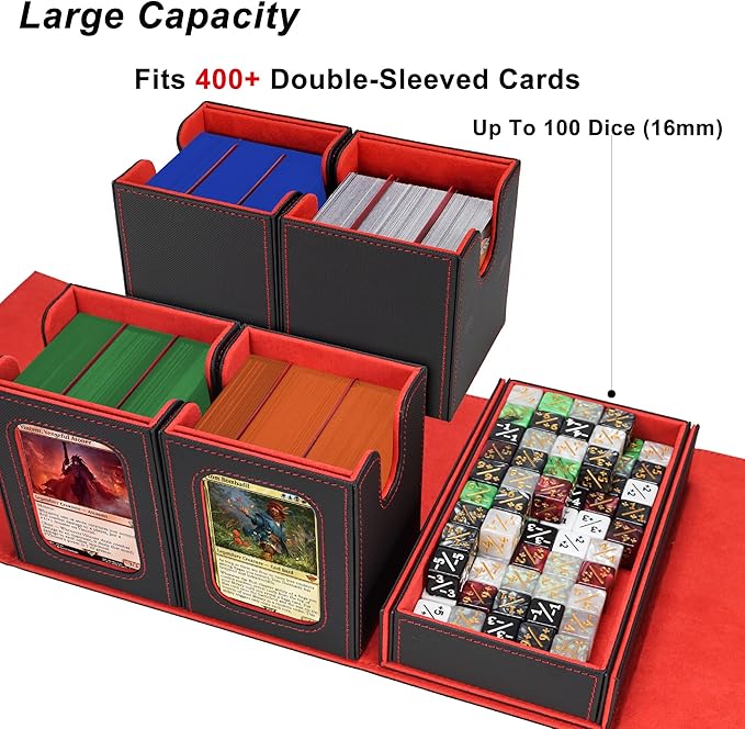 AFIING Commander Deck Box for MTG/EDH, Trading Card Storage Fits 400+ Double-Sleeved Cards, Display Window, 4 Removable Deck Cases, 8 Dividers, Dice Tray & Handle, 4 Toploader Holders (Black Red)