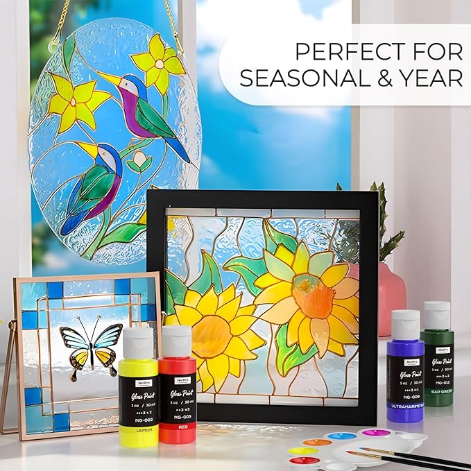 Nicpro 18 Colors Stained Glass Paint Set, 1oz / 30ml Waterproof Acrylic Enamel & Ceramic Glass Painting Kit for Arts on Transparent Wine Glasses Jars Windows with 6 Brushes & 1 Palette, Opaque Finish