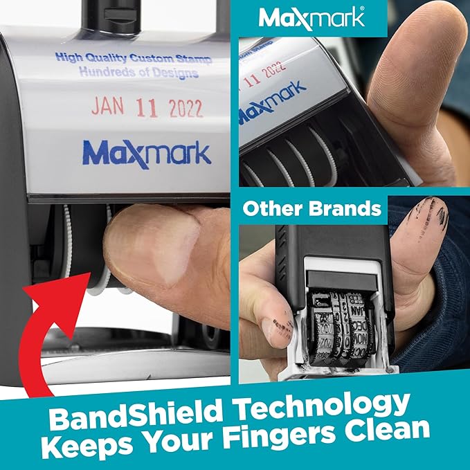 MaxMark Heavy Duty Self Inking Date Stamp with Phrase Entered - 2 Color Blue/Red Ink