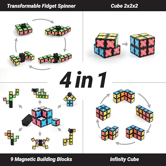 TOSY Magnet Fidget Spinner Mini - 8 Blocks, 3 in 1 Toy: Transformable Fidget Spinner, Infinity Cube, 2x2 Puzzle Cube, Stress Relief, STEM Sensory Magnet Tiles Birthday Gift for Kids/Boys/Girls/Adults