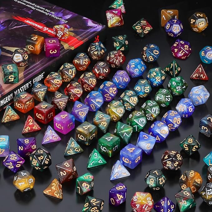CiaraQ DND Dice Sets - 26 X 7 Polyhedral Dice (182pcs) with a Large Drawstring Bag for Dungeons and Dragons, Role Playing Table Game. Multiple Colors, Glitter Swirl Design with Gold Numbers.