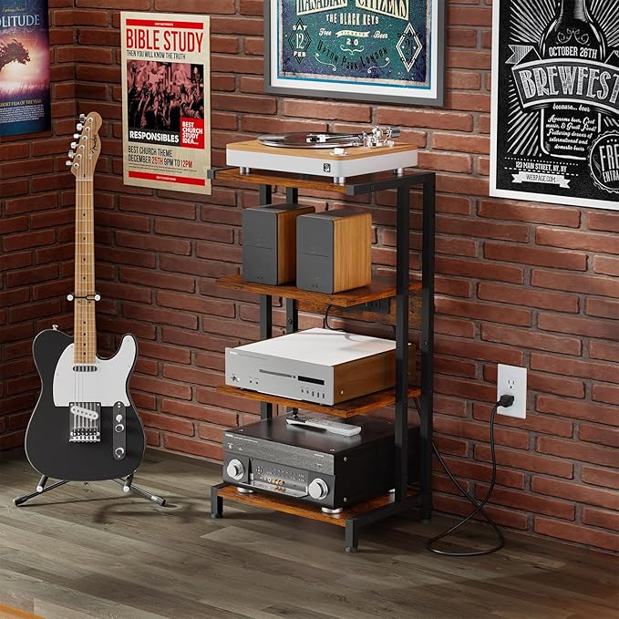 X-cosrack 4-Tier AV Media Stand with Power Strips, Wooden Corner Shelf Component Cabinet Stereo Audio Rack Stand Tower Perfect for DVD Players:Game Console:TV Box:Cable Box:Xbox:WiFi Router