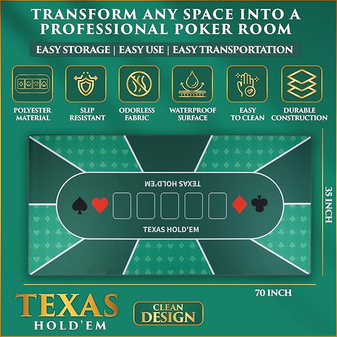 Poker Table Top - Foldable 70" x 35" Texas Hold'em Poker Mat with Non-Slip Backing and Zipper Carrying Bag - Waterproof and Portable Casino Table Topper Card Mat for Home Game Nights Up to 10 Players