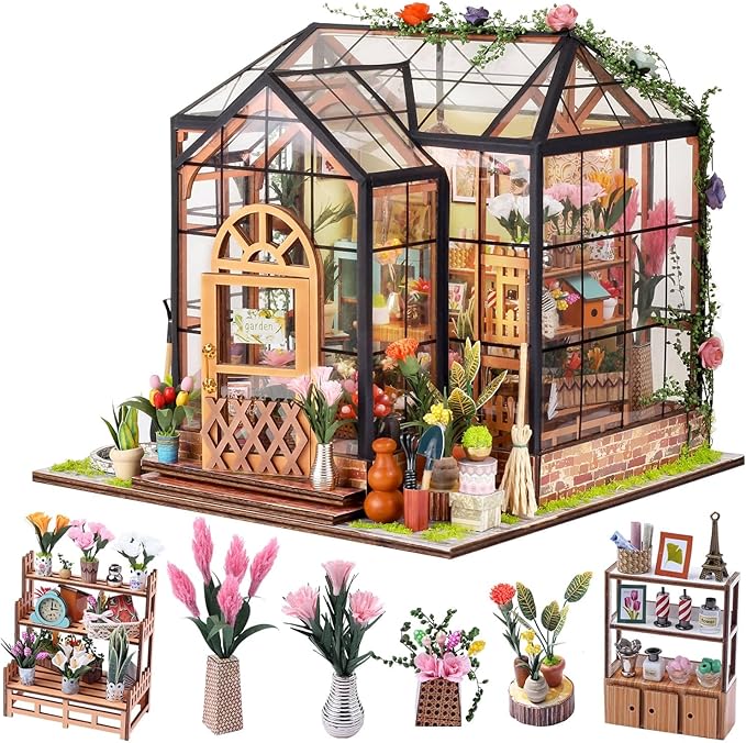 DIY Miniature House Kit, Miniature Kit with LED, Dollhouse Kit for Adults Teen, Mini House Building Kit for Birthday, Jenny Greenhouse