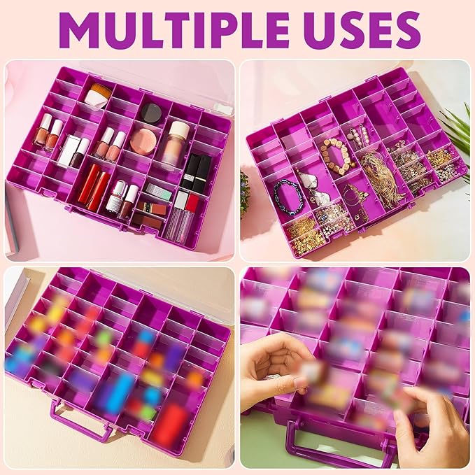 Juexica 2 Pcs Large 48 Grids Plastic Storage Bead Organizer Box, Tackle Box, Compartment Organizer Container with Adjustable Dividers for Jewelry Art Crafts Toys Screw Small Parts(Purple)