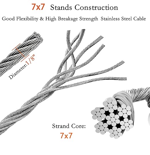 1/8 Inch Stainless Steel Wire Rope Cable Kit,100 ft Length 1/8“ Wire Cable 7x7 Strands with Sleeves, Thimbles, Clips, for Climbing Plants, Deck Railing, Fencing, Outdoor Hanging
