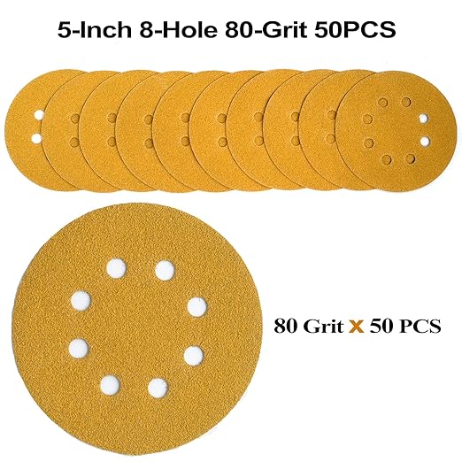5-Inch 8-Hole Hook and Loop Sanding Discs 80-Grit Random Orbit Sandpaper, 50-Pack