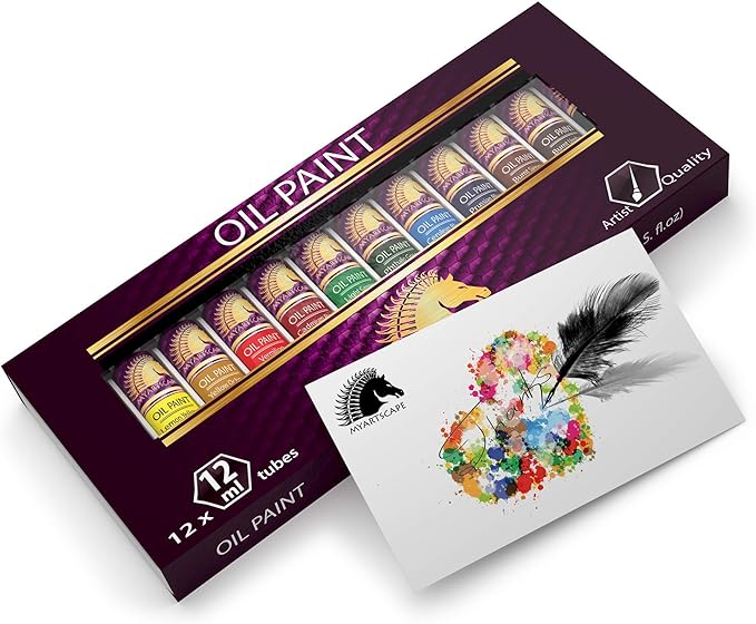 MyArtscape Oil Paint Set - 12 x 12ml Tubes - Lightfast - Heavy Body - Oil-based Vibrant Colors - High Pigment Load - Non-fading - Artist Quality Painting Supplies - Professional Craft Paints