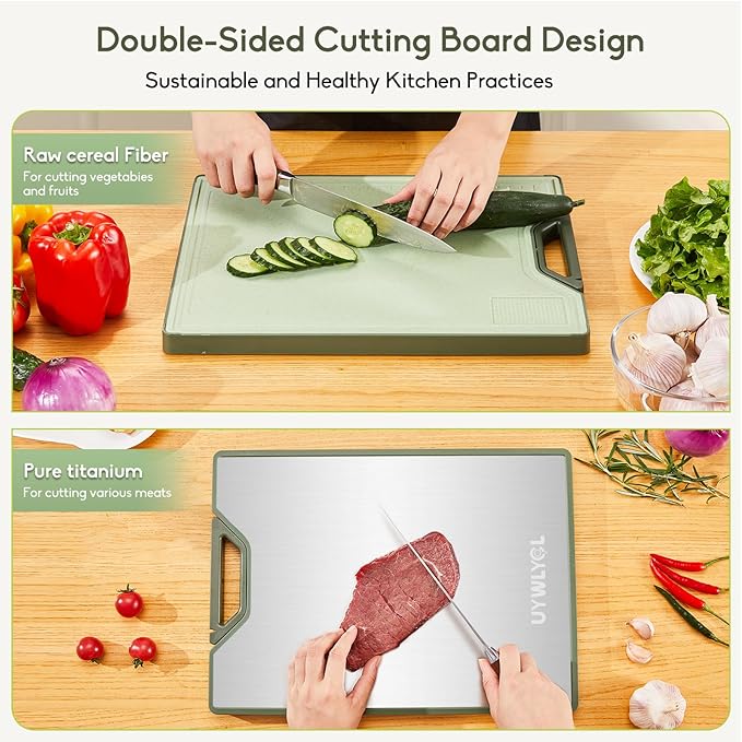 Titanium Cutting Board – Double Sided Cutting Boards for kitchen, Pure Titanium & Wheat Straw PP, Food-Grade Metal Chopping Board, Easy to Clean Large Size 16"x11"